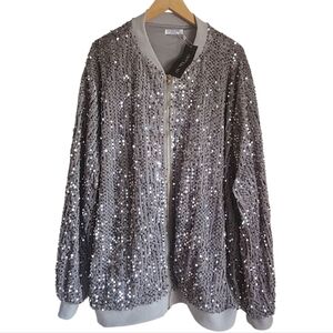 NWT In'voland Grey Sequin Bomber‎ Jacket Festival Party Rave Sz  24W